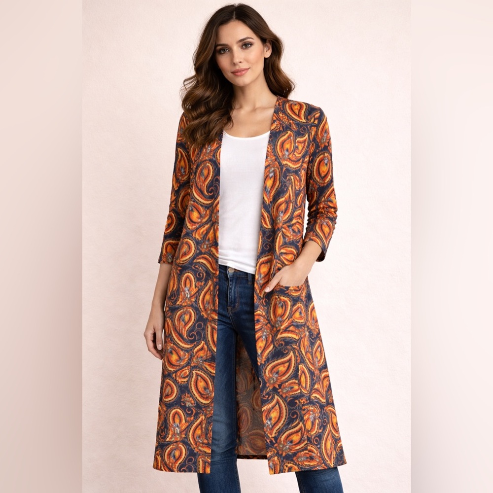 NWT LuLaRoe Orange & Navy Paisley Cardigan